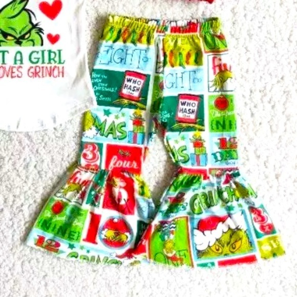 Handmade Boutique Kid’s 4T Christmas SET Top & Pants Grinch Girl’s Bellbottoms - Picture 2 of 5